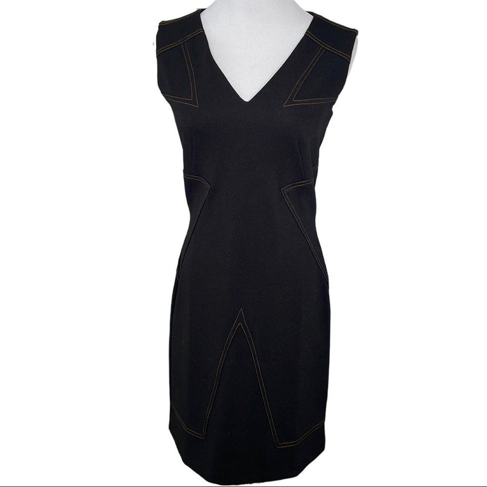 Tracy Negoshian Black with Gold Stitching Sleeveless V-Neck Sheath Dress